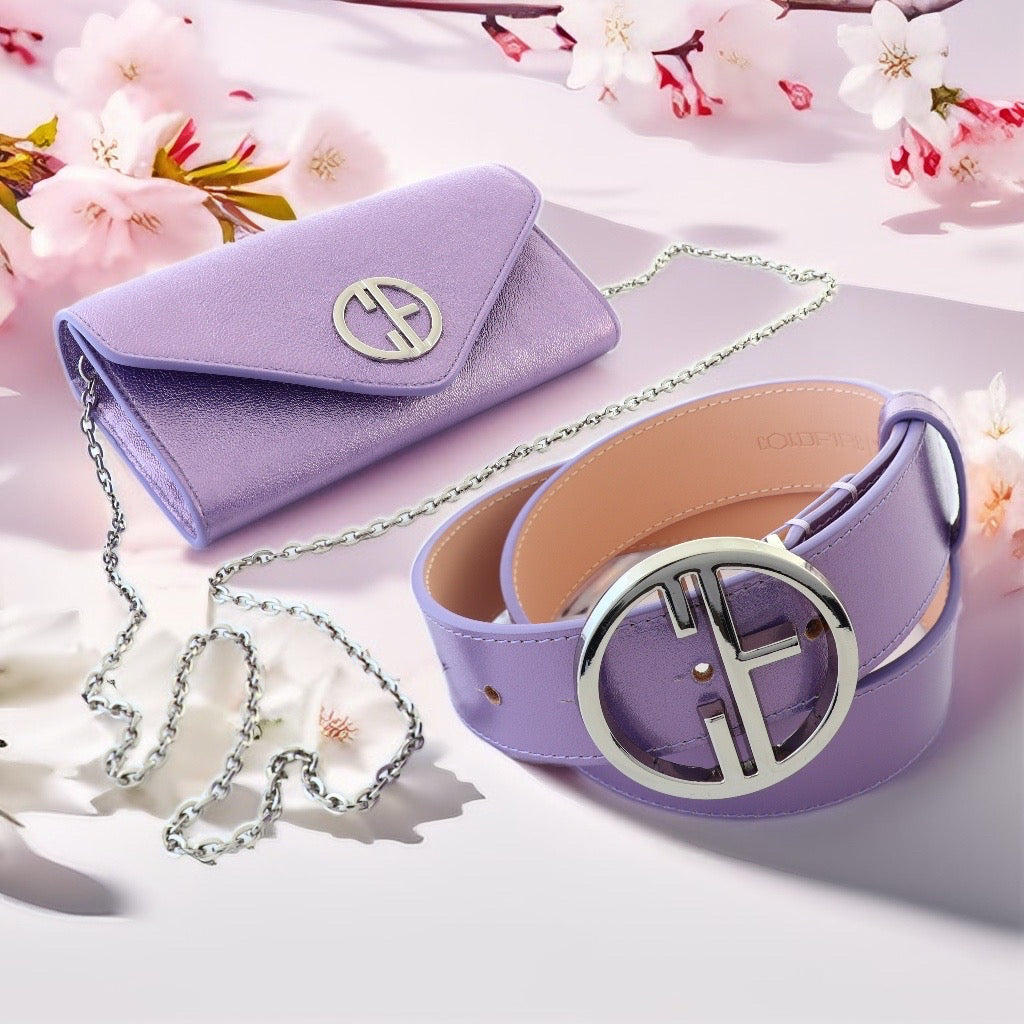 set of womens belt and leather crossbody bag in lavender color with silver