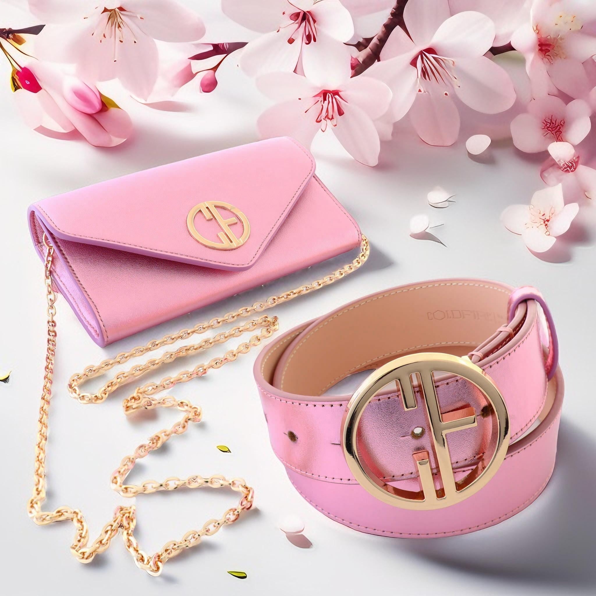 set of Women's belt - genuine leather - 35 mm - Malin Pale Pink and small crossbody bag - COLDFIRE