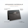 COLDFIRE Flex wallet with material callouts: Ti-6Al-4V aerospace titanium, flexible carbon fabric, high-performance K-Leather and RFID Data Armor