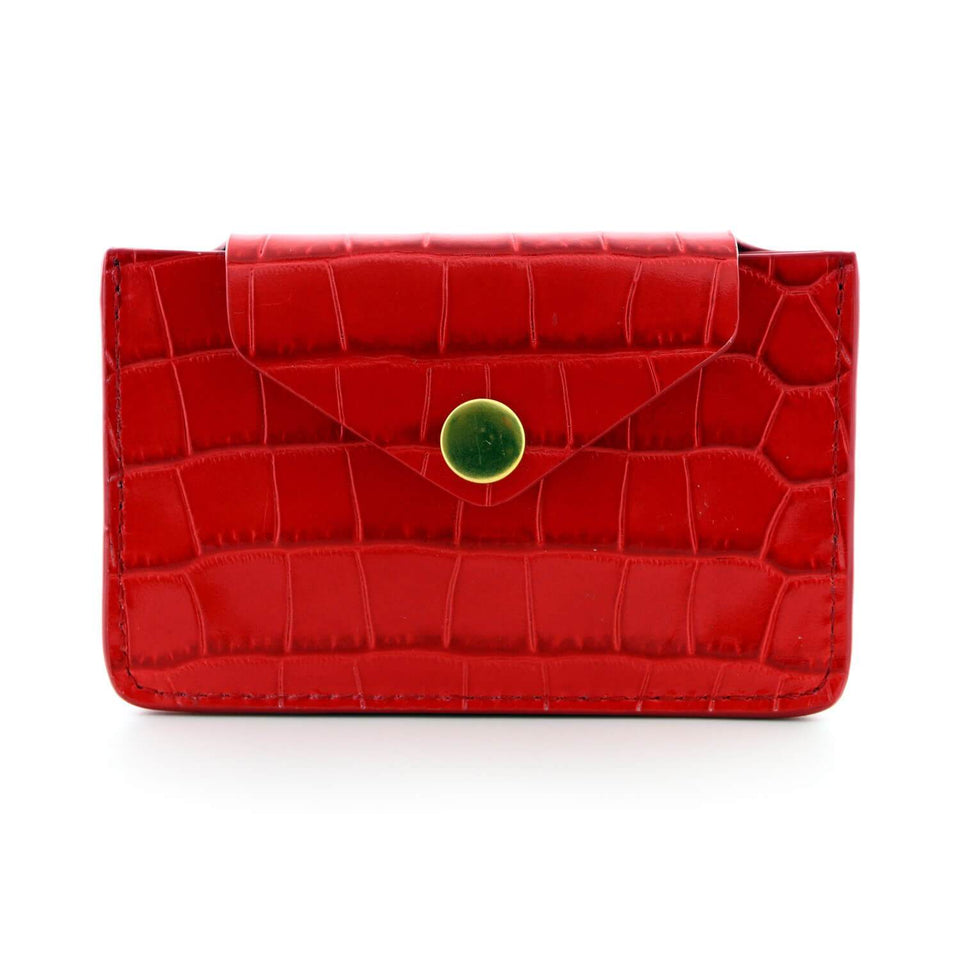 Women's Small Card Case Wallet with Flap. Mini Credit Card Holder. Croco Embossed Red - COLDFIRE