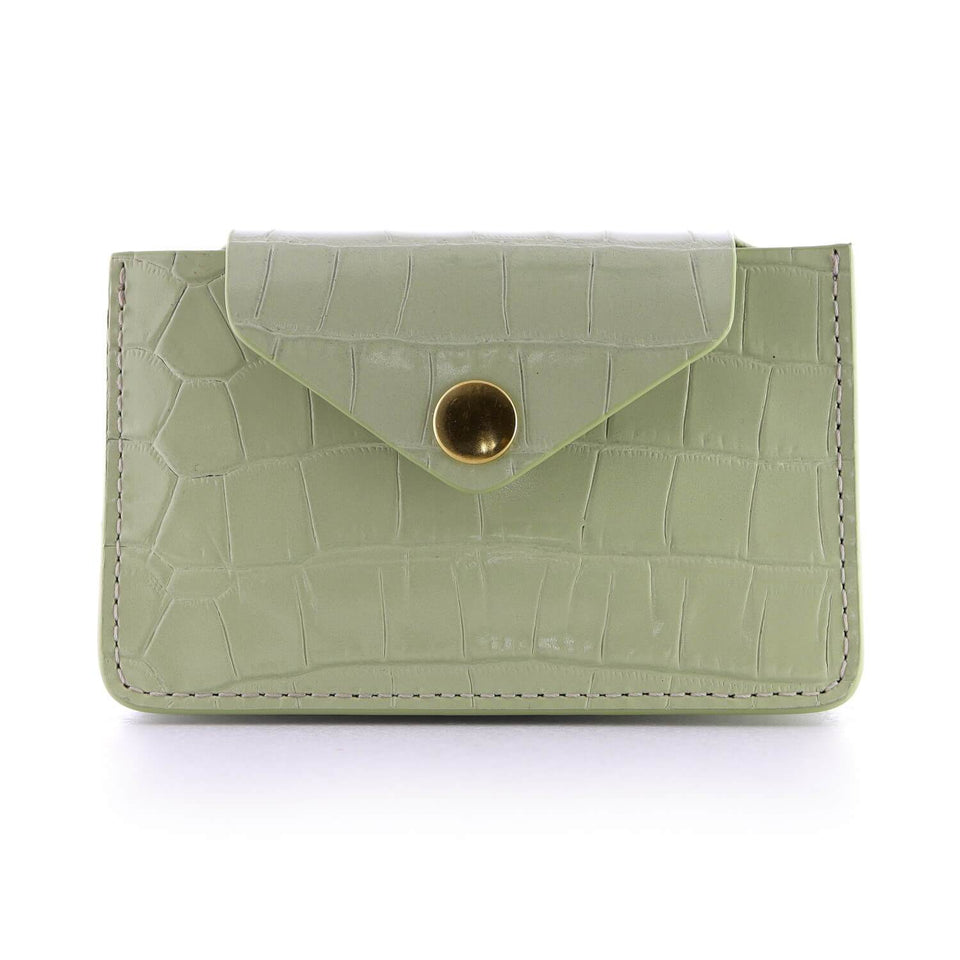 Women's Small Card Case Wallet with Flap. Mini Credit Card Holder. Croco Embossed Sage Green - COLDFIRE
