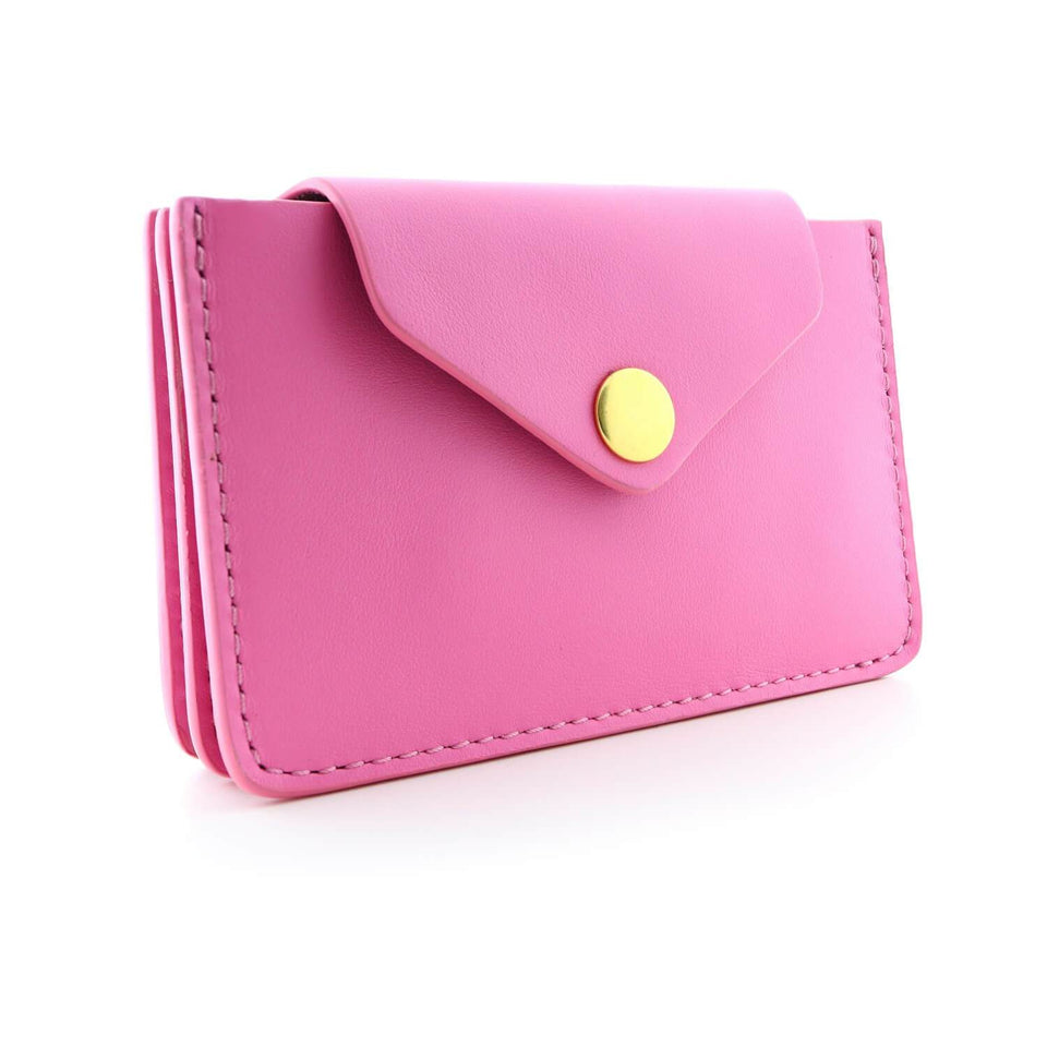 Women's Small Card Case Wallet with Flap. Mini Credit Card Holder. Soft Candy Pink Leather - COLDFIRE